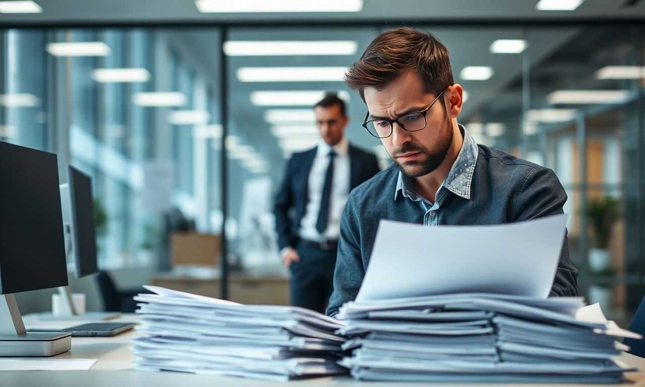 オフィスのデスクで悩む社員の様子