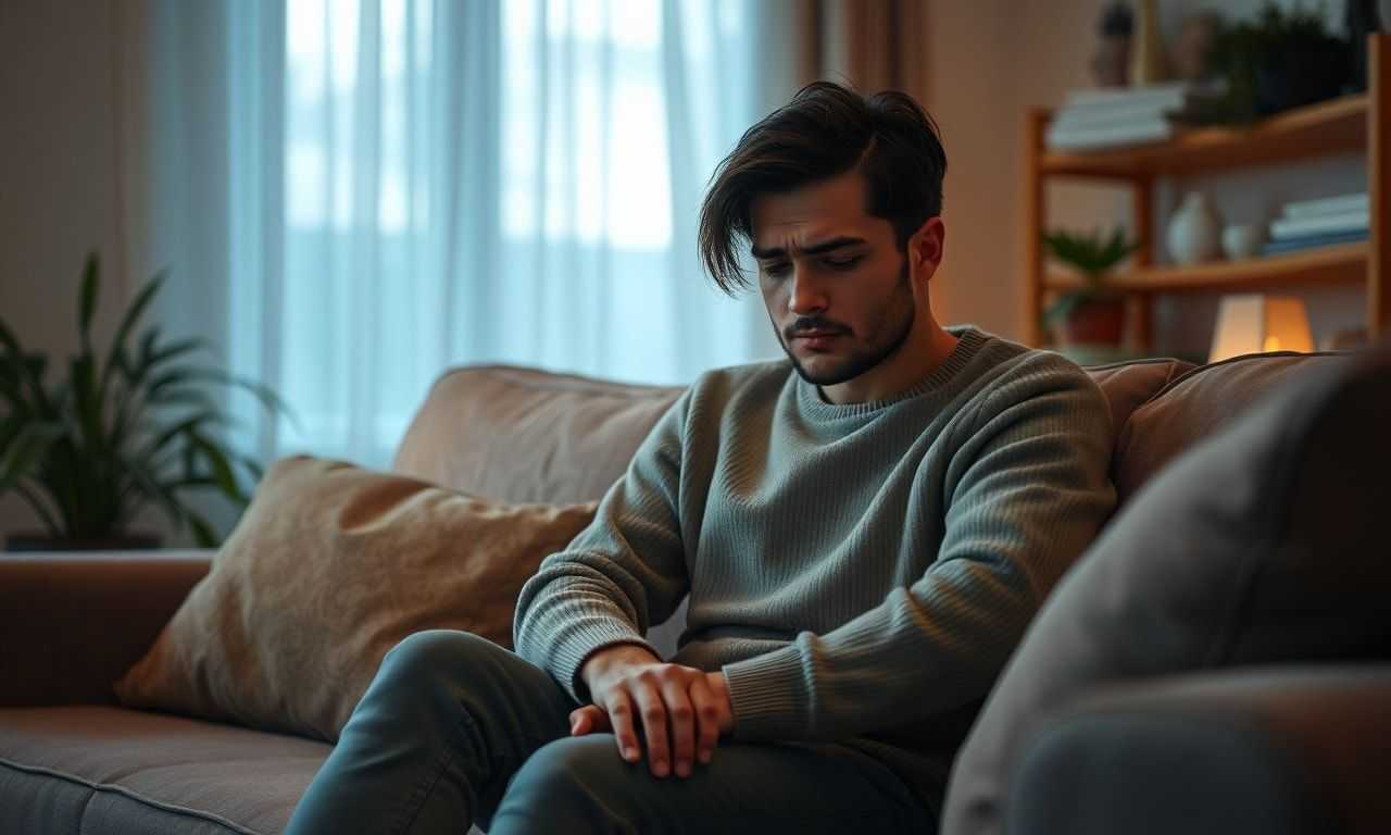 疲れてソファーに座る人の様子