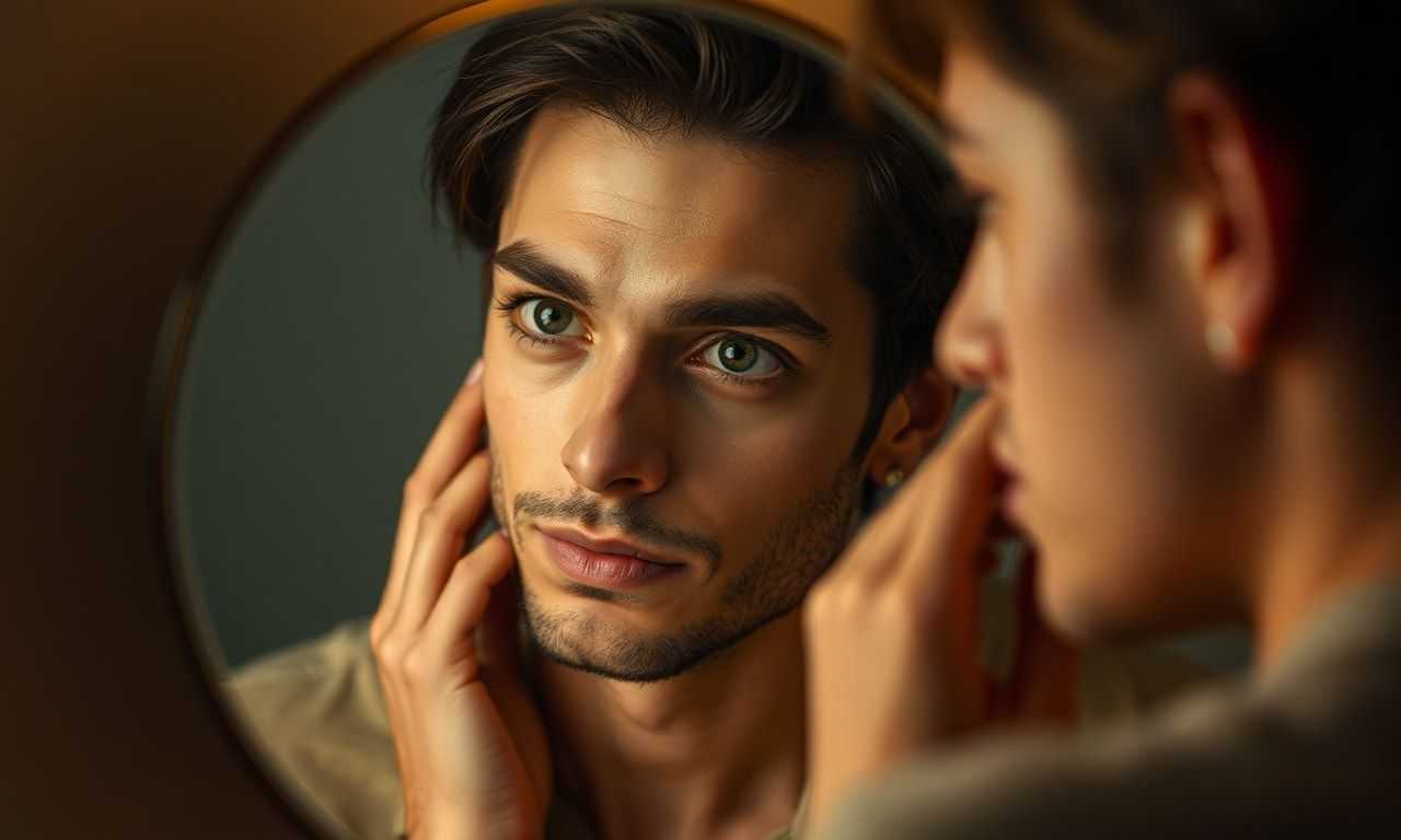 鏡を見つめる物思いにふける人のイメージ