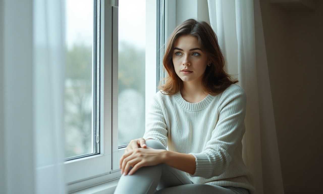 不安を感じながらも窓辺で穏やかに過ごす女性のイメージ
