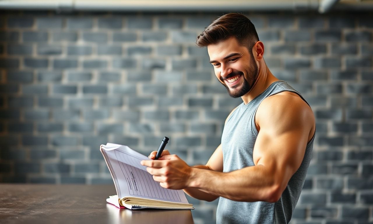 ノートに筋トレの記録を書き込む男性