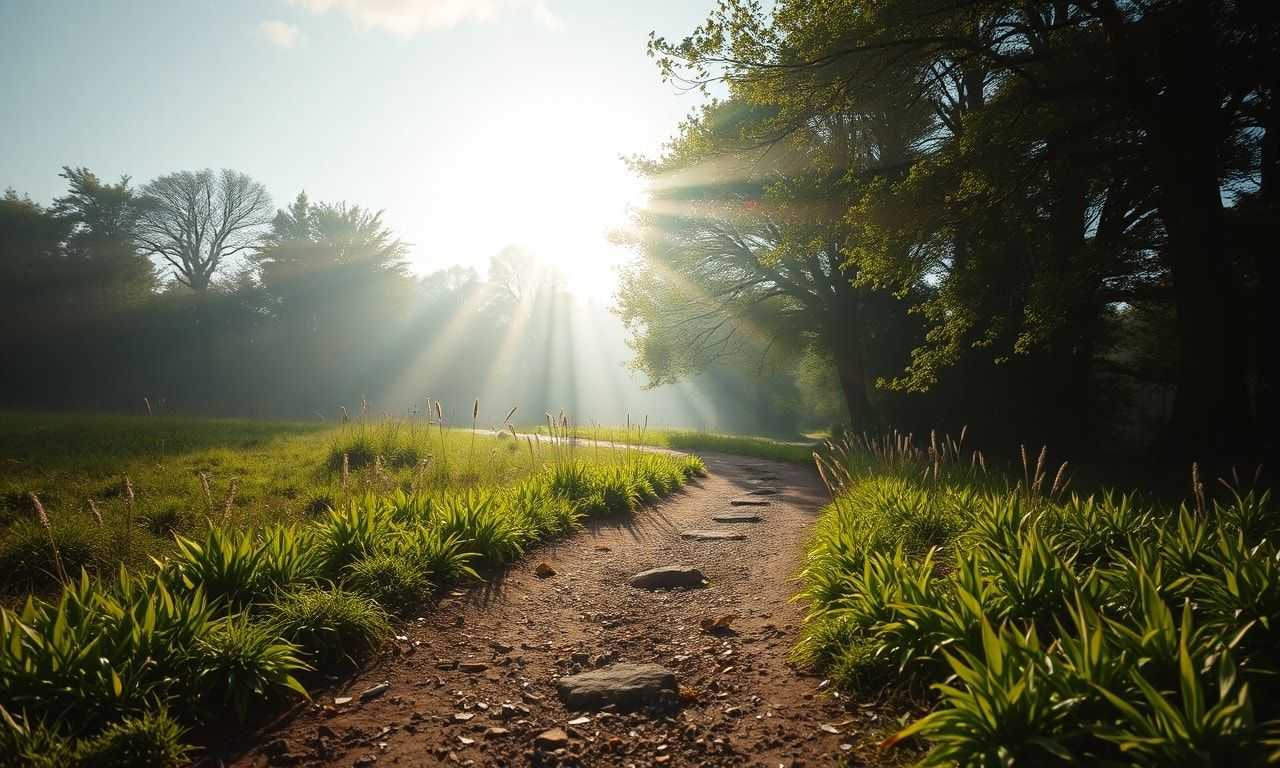 朝日の中、道を進む小さな一歩のイメージ