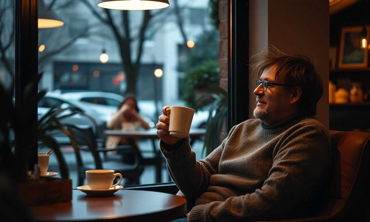 カフェで温かい紅茶を飲むリラックスした人