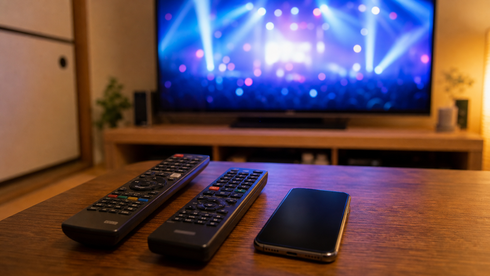 嵐のCMをテレビで確認するためのリモコンとスマホ
