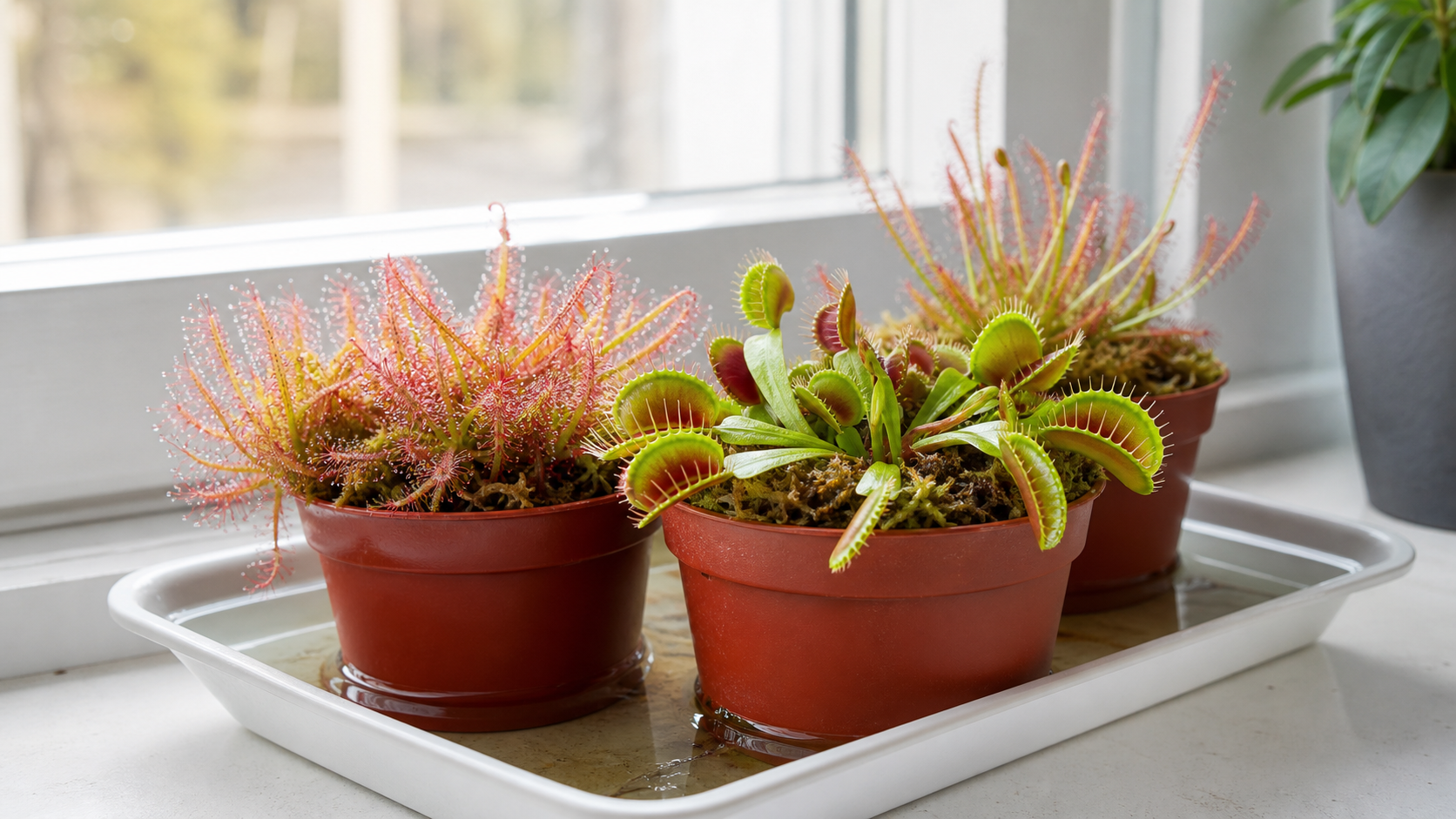 室内の窓辺で食虫植物を育てる様子
