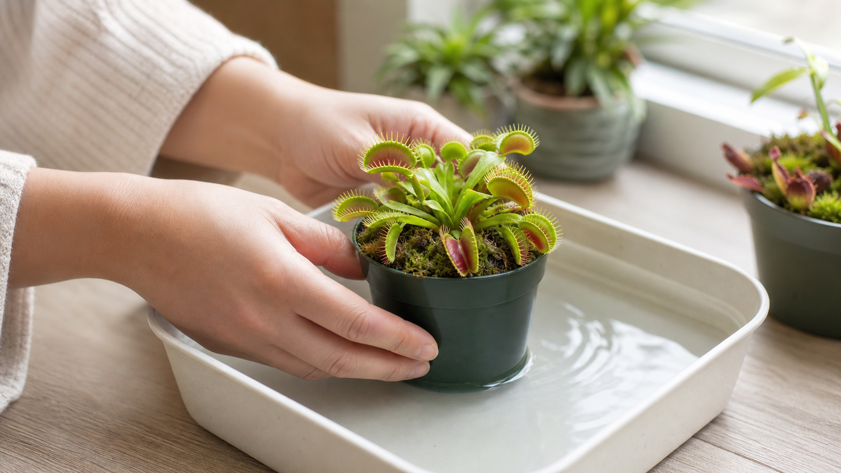 食虫植物を腰水で管理する様子