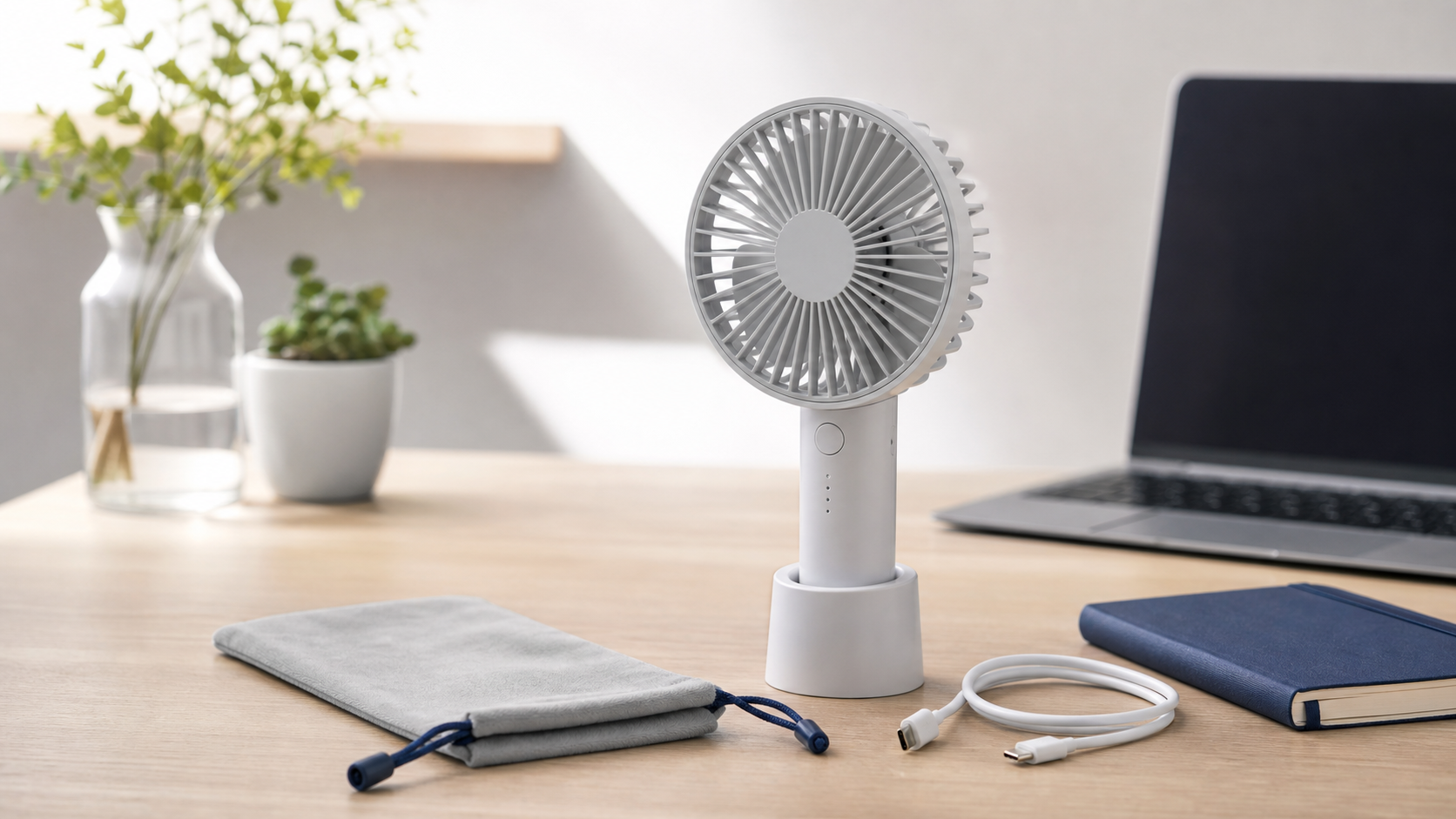 ダイソンハンディファンの充電と卓上利用を確認するイメージ