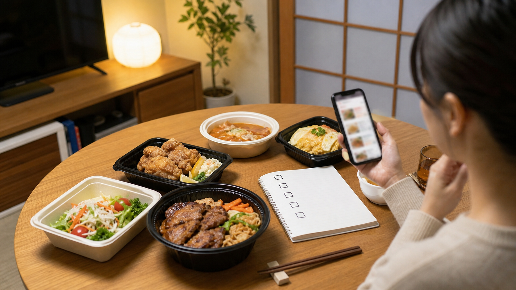 デリバリーの半額祭とクーポン併用を考えながら食事を選ぶ様子