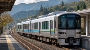 中央本線新型車両E131系をイメージした山あいの駅に停車する電車