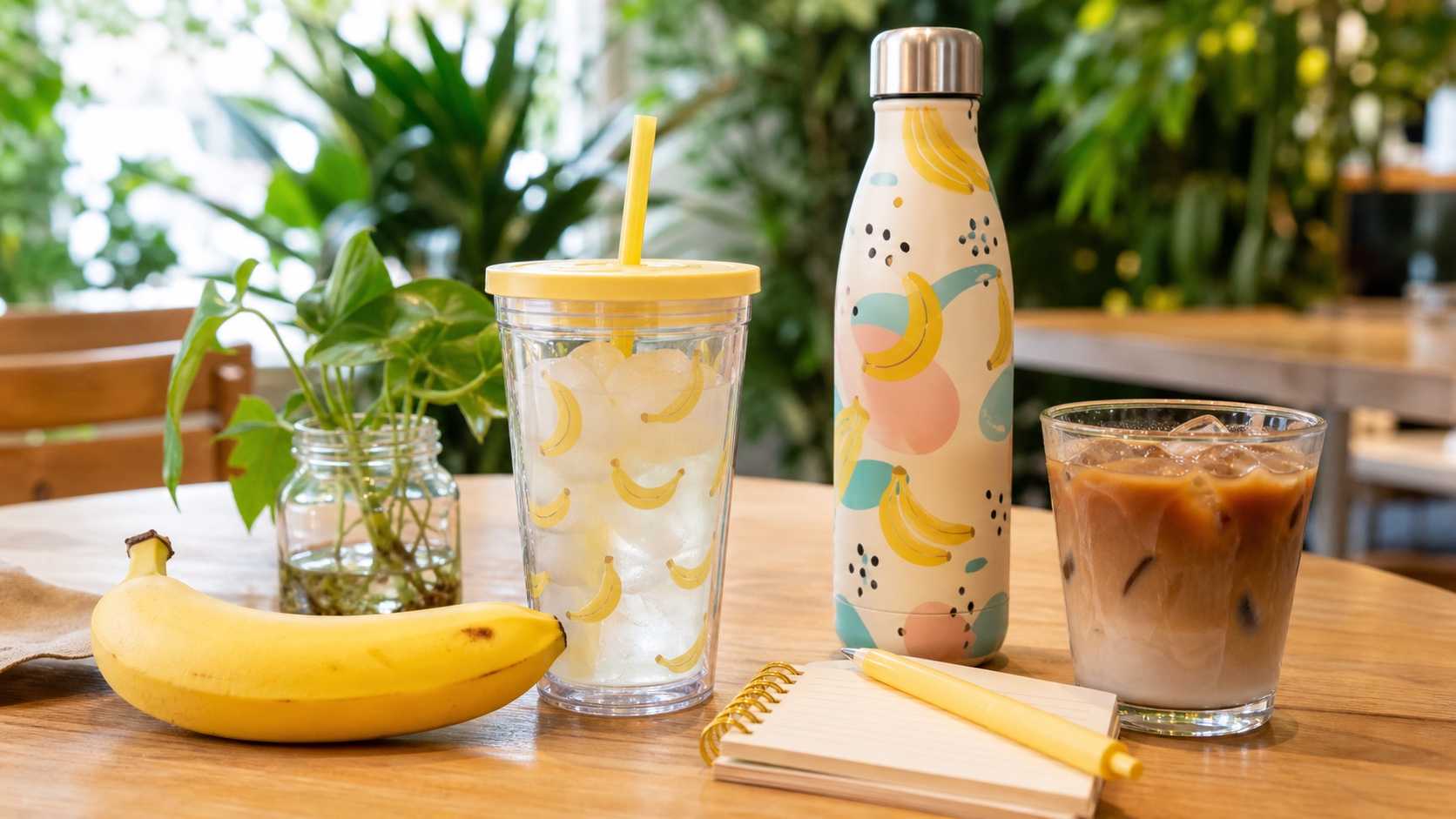 夏のカフェでバナナ柄カップとタンブラーを並べたブログ用画像