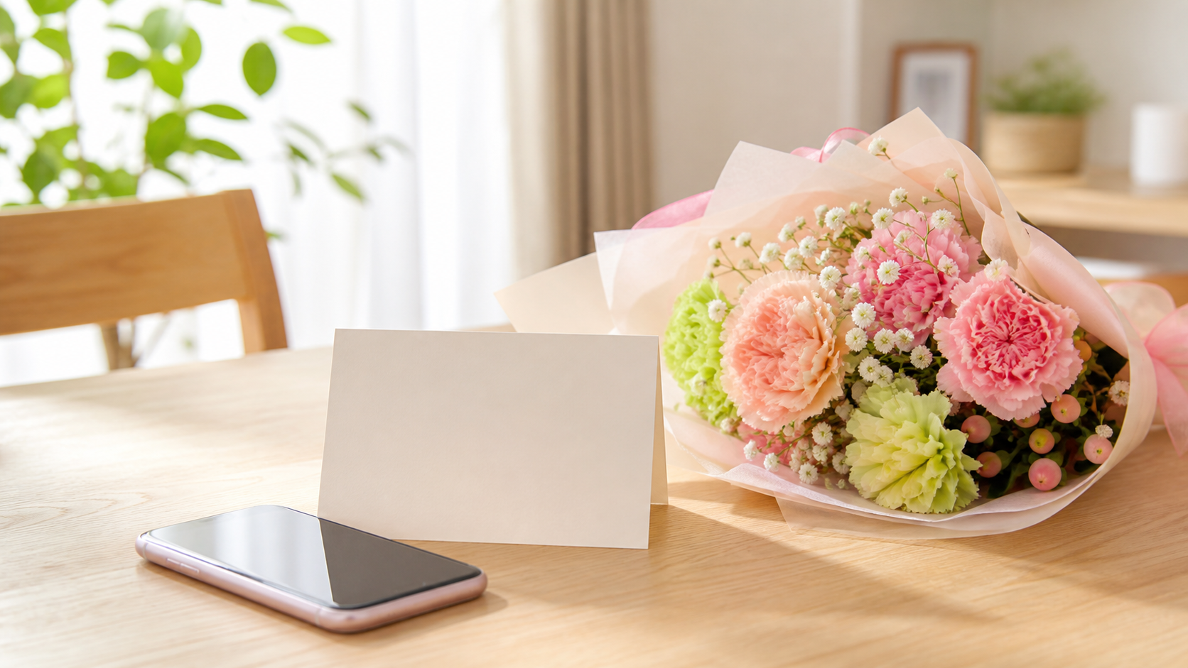 母の日に遅れてごめんねと伝える花束とメッセージカード
