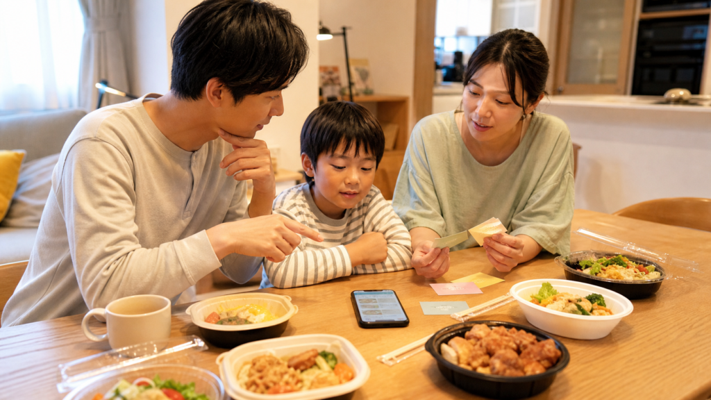 出前館クーポンの条件を確認しながら食事を選ぶ家族