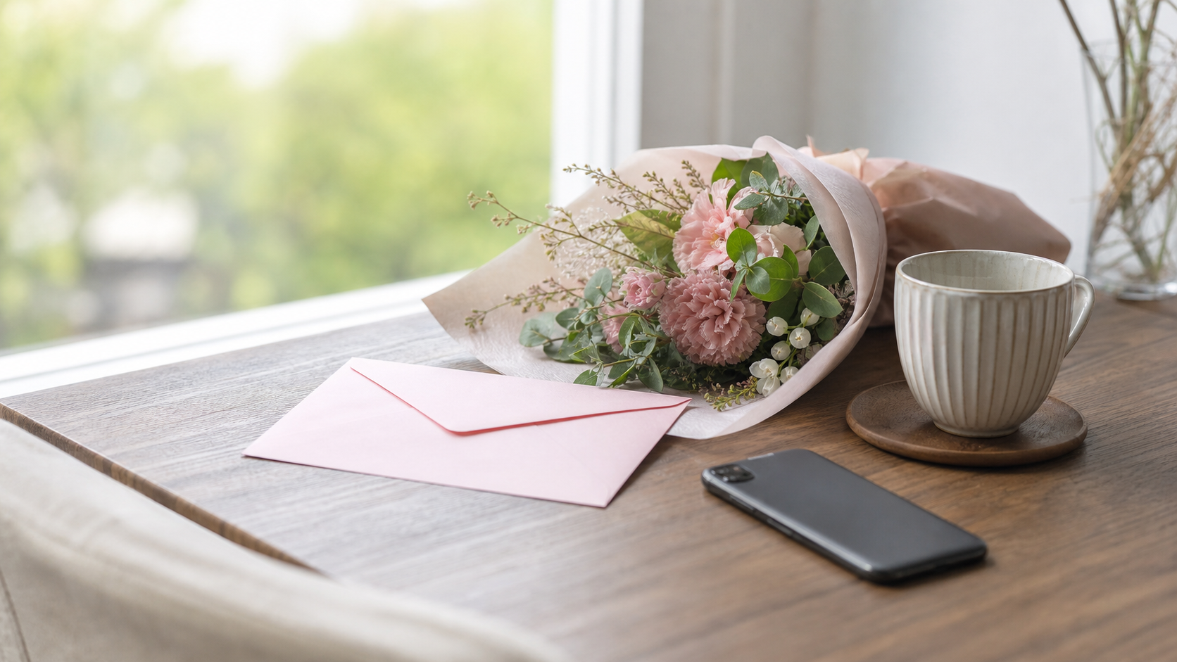 母の日に遅れて贈る花束と封筒のフォローイメージ