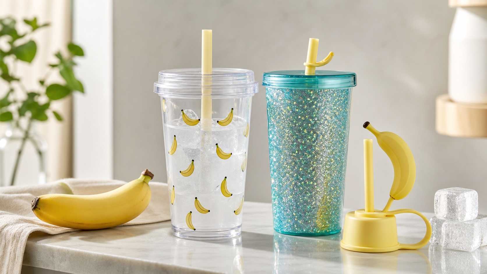 バナナ柄カップと夏グッズ風タンブラーを並べた商品イメージ