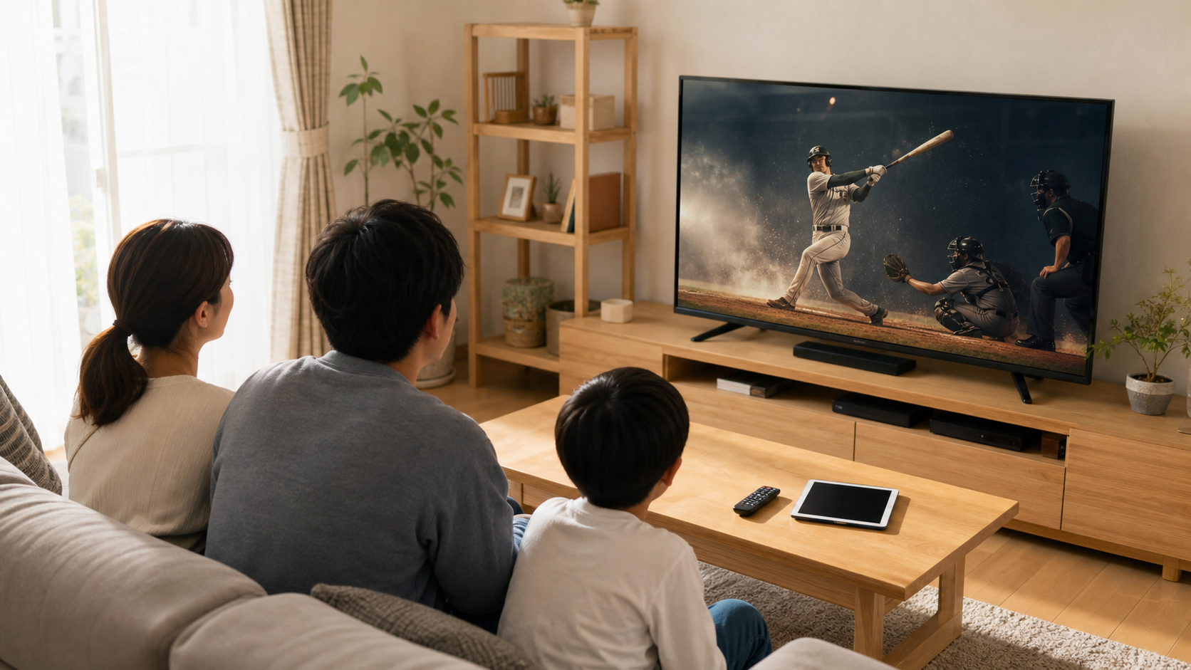 戦いの向こう 侍たちの記録をテレビで見る家族のイメージ