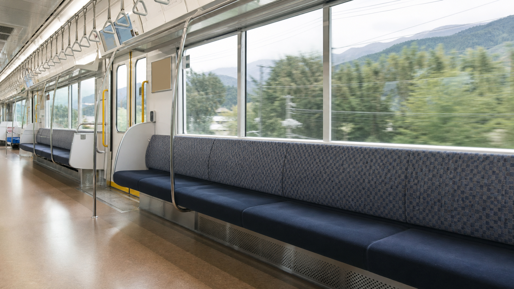 中央本線新型車両E131系の車内をイメージした座席と窓辺の風景