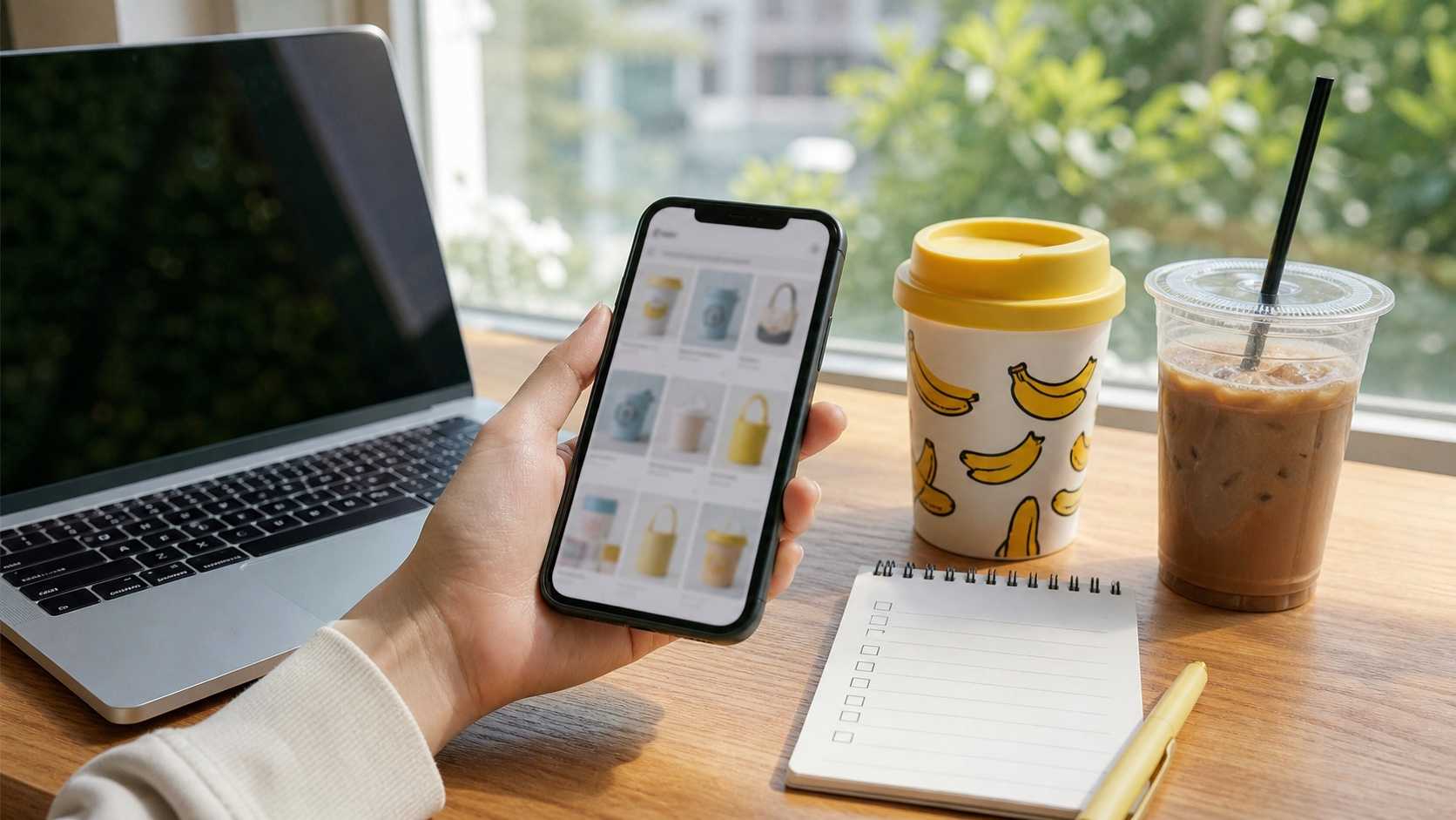 スマホで夏グッズの在庫を確認するイメージ