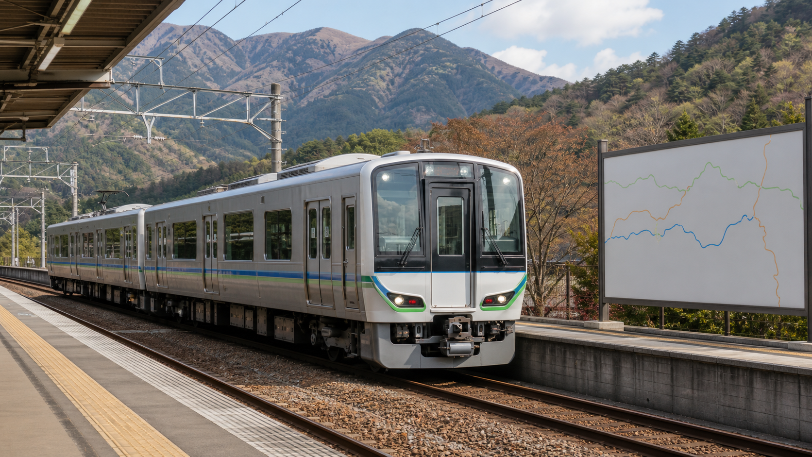 中央本線新型車両E131系の運行区間をイメージした山あいの駅と電車