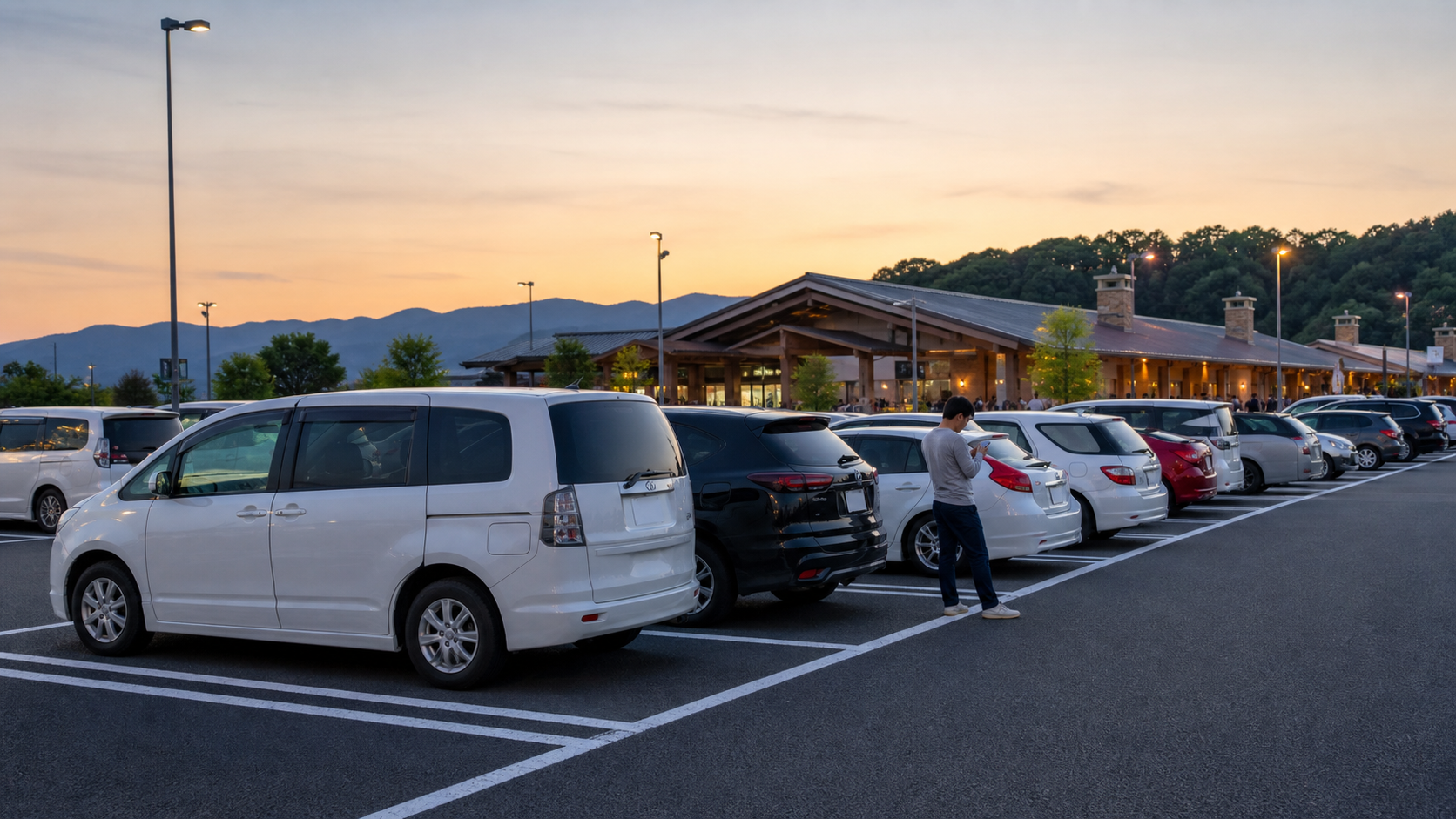 サービスエリアの駐車場で休憩する車のイメージ
