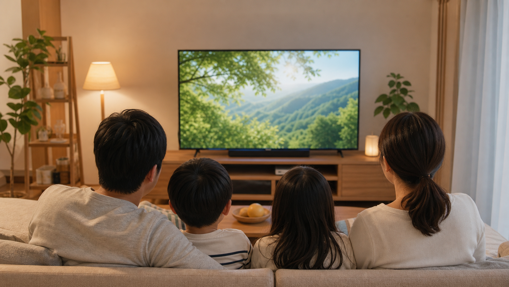 サントリー天然水CMを家族で見る様子のイメージ