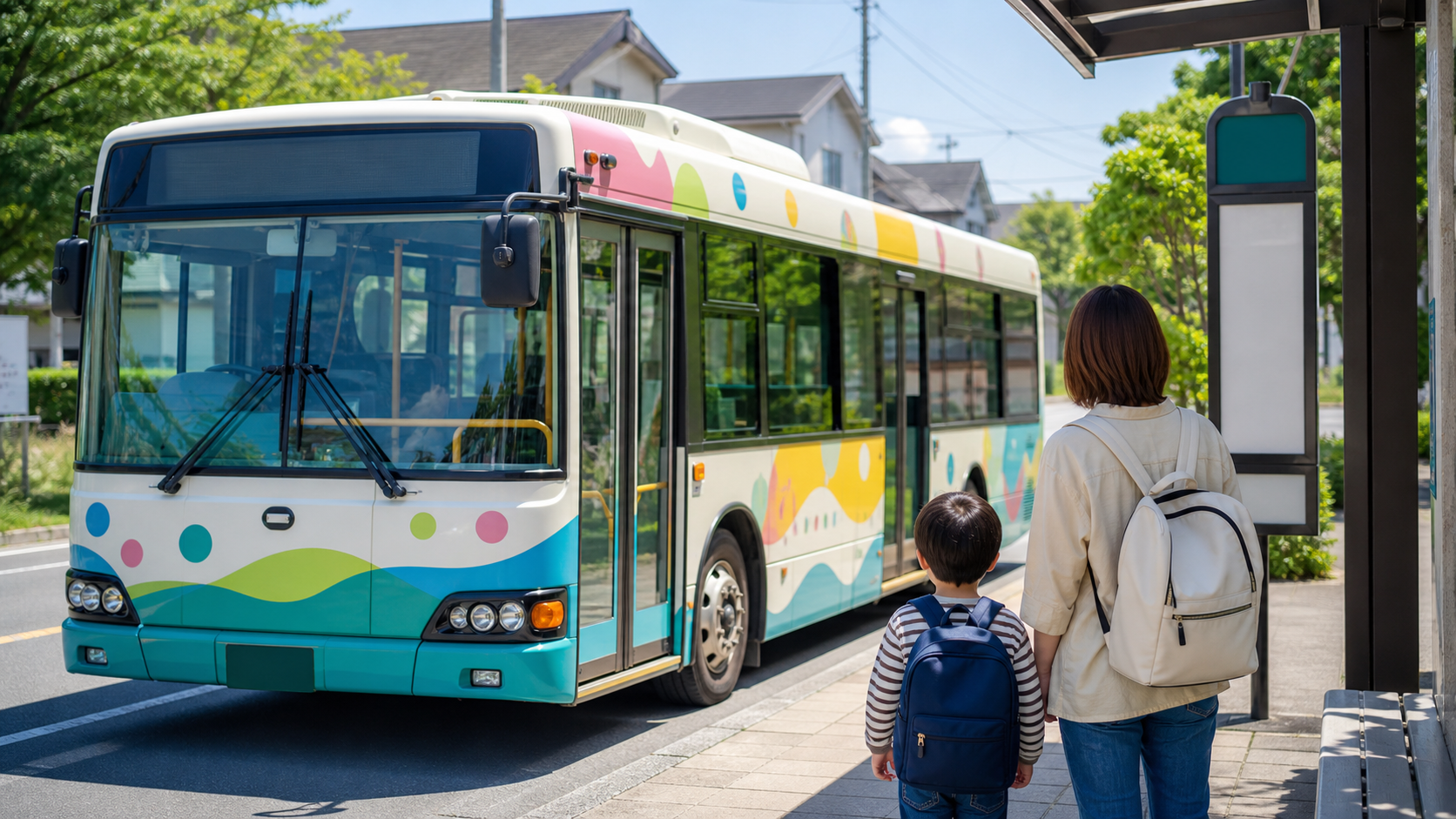 高槻市営バスの特別車両をバス停で待つ親子のイメージ