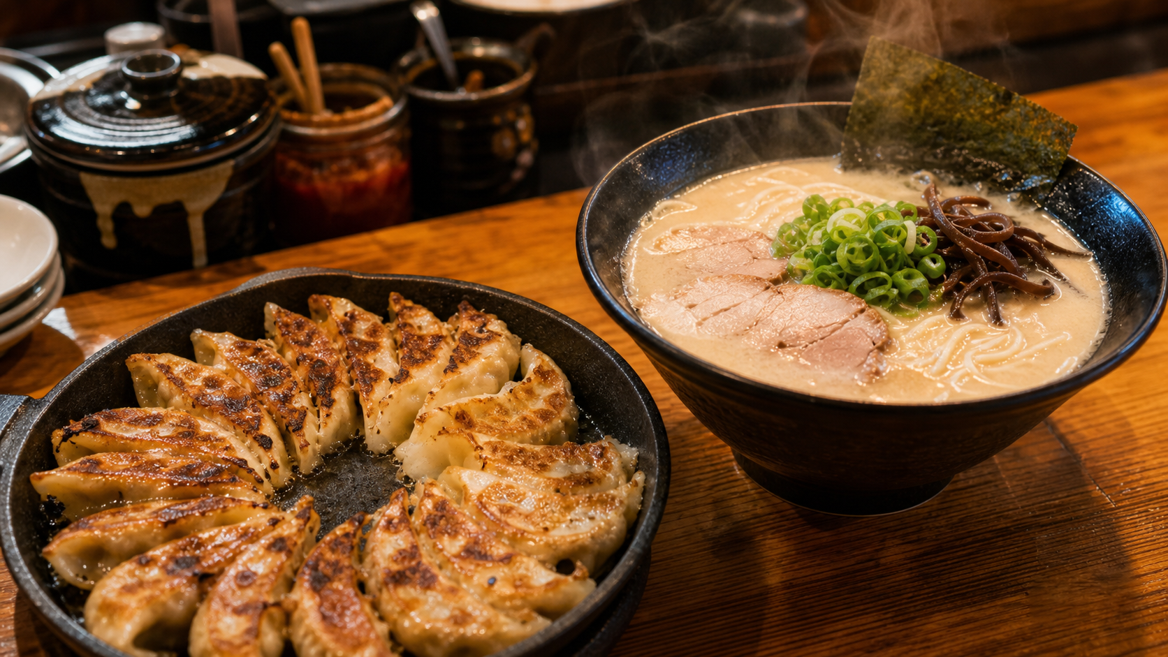 博多の鉄鍋餃子と豚骨ラーメンを並べたグルメイメージ