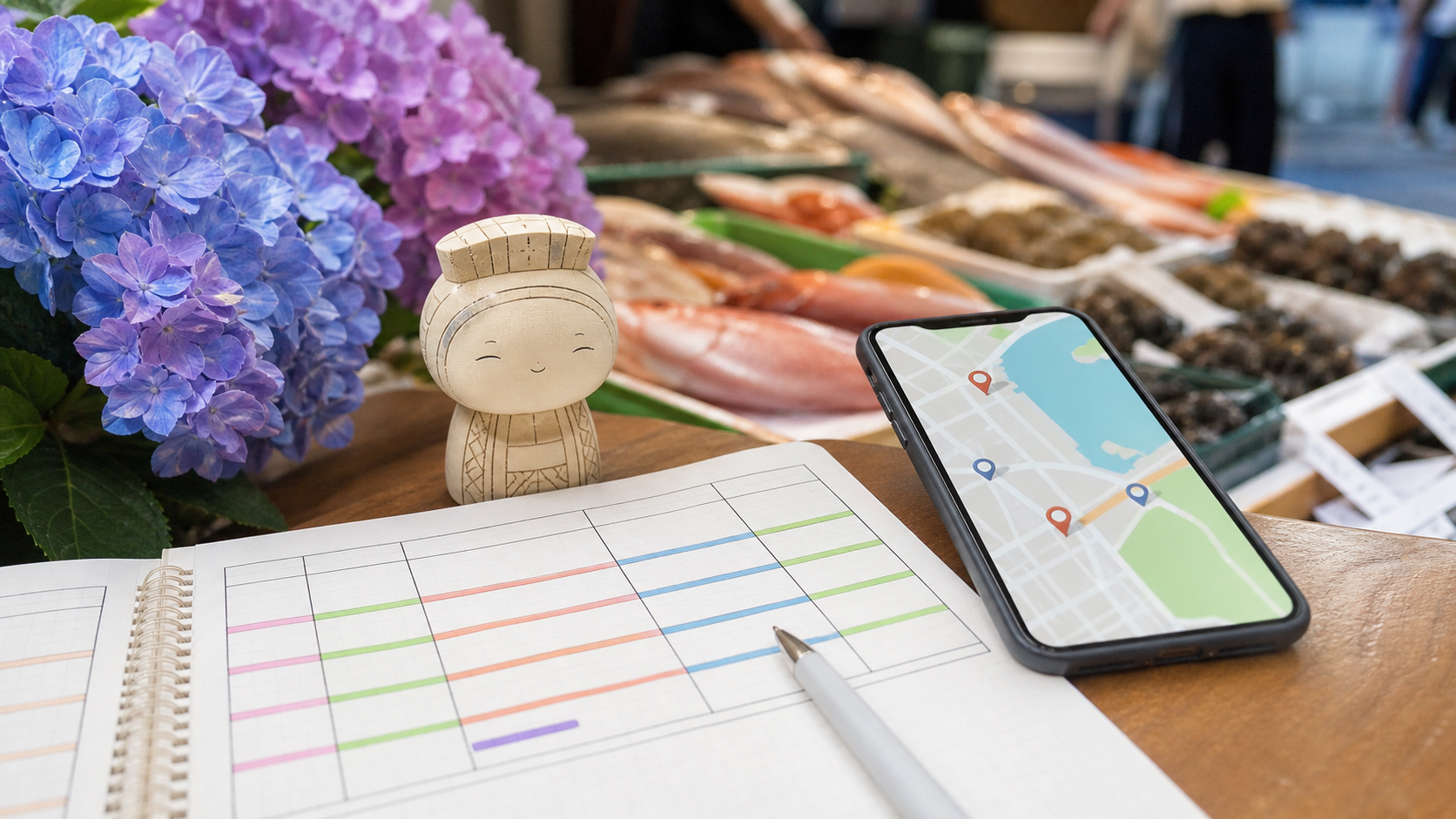 福岡のお店巡りを計画するスマホ地図と旅ノートのイメージ
