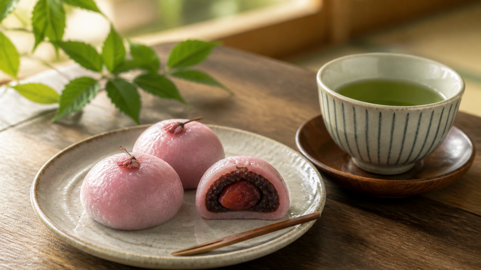 さくらんぼ餅をお茶と楽しむ様子