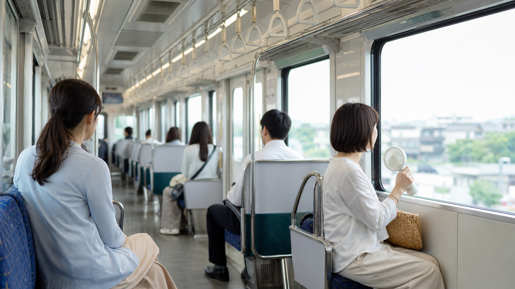 弱冷房車で暑い時の対策をする車内イメージ