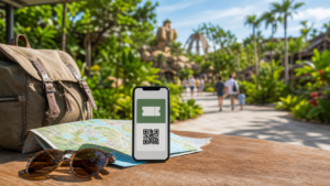 ジャングリア沖縄のふらっとチケットをスマホで確認する旅行イメージ