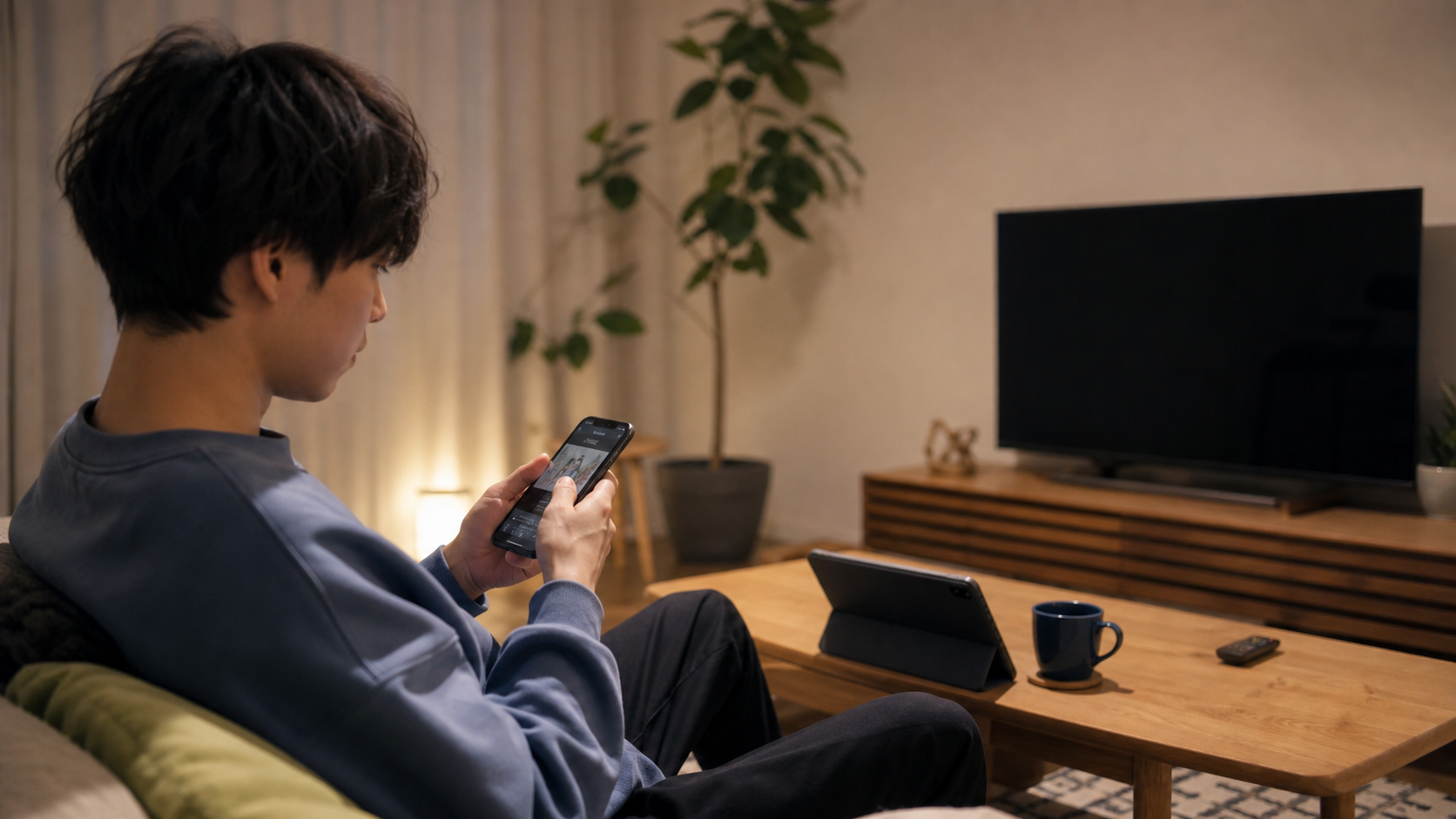 20代のテレビ離れを象徴するスマホ視聴と暗いテレビ画面