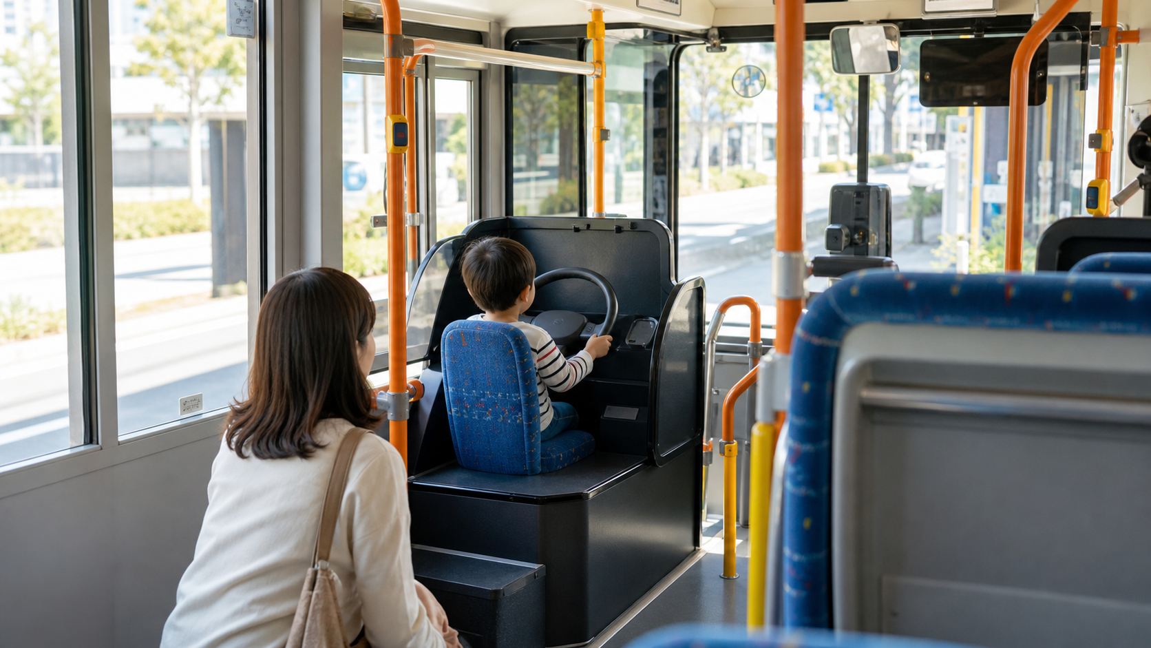 高槻市営バスのこども運転席を楽しむ親子のイメージ