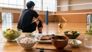 髙橋藍の好きな食べ物と食事を整理するバレーボールと食卓のイメージ