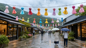 ふれふれ坊主の傘飾りと雨上がりのリゾート通り