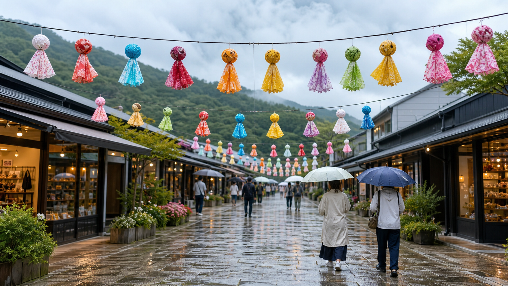 ふれふれ坊主の傘飾りと雨上がりのリゾート通り