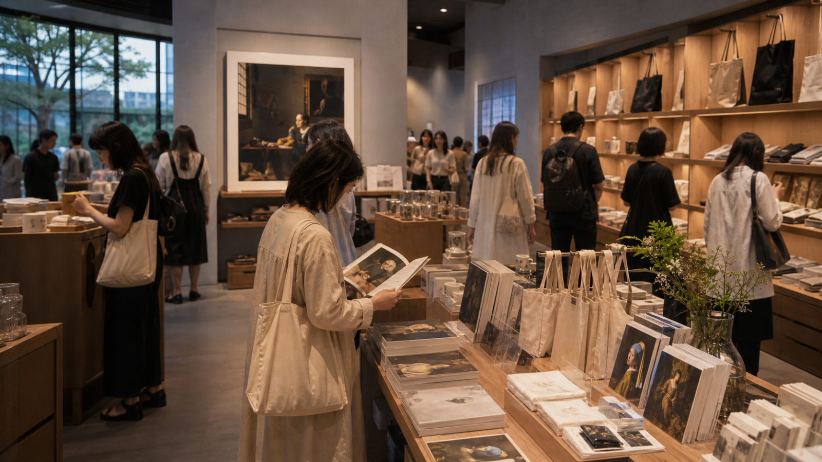 フェルメール展2026のグッズと図録を選ぶ様子