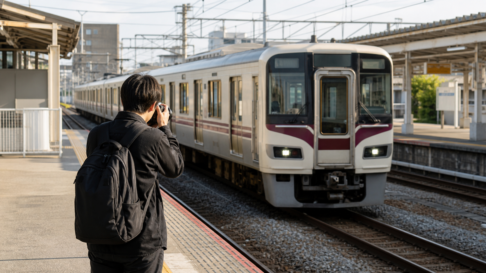 近鉄 東武 ラッピング電車を安全に撮影する様子