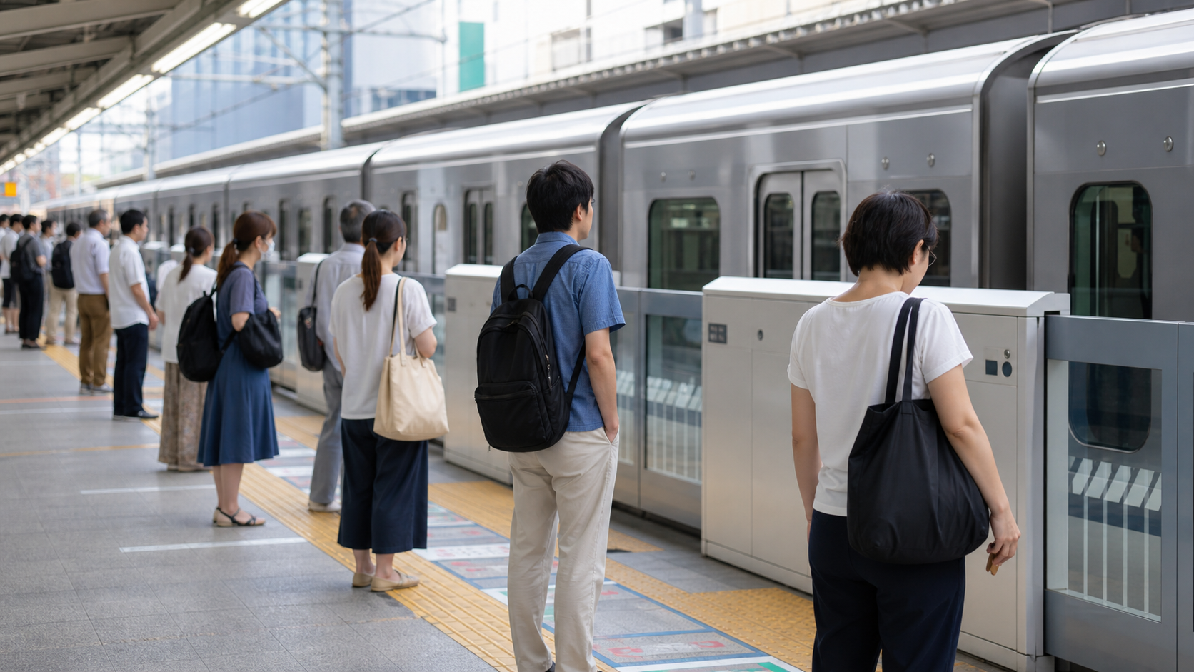 弱冷房車を避ける乗車位置を確認する駅ホームイメージ