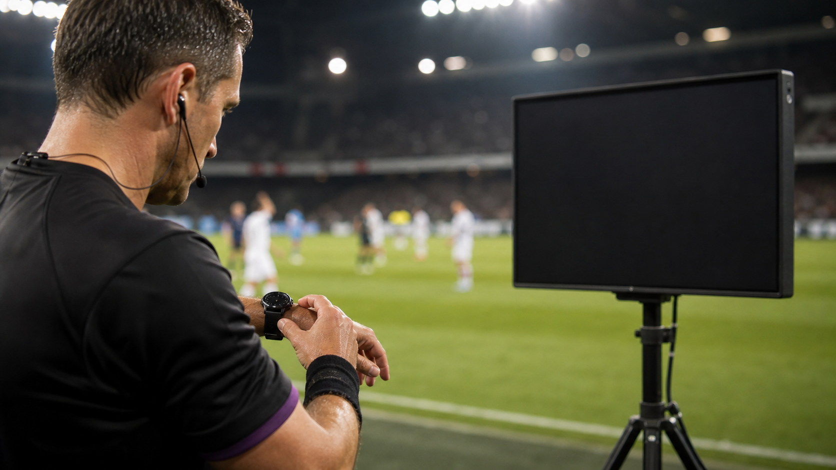 アディショナルタイムを確認するサッカー審判