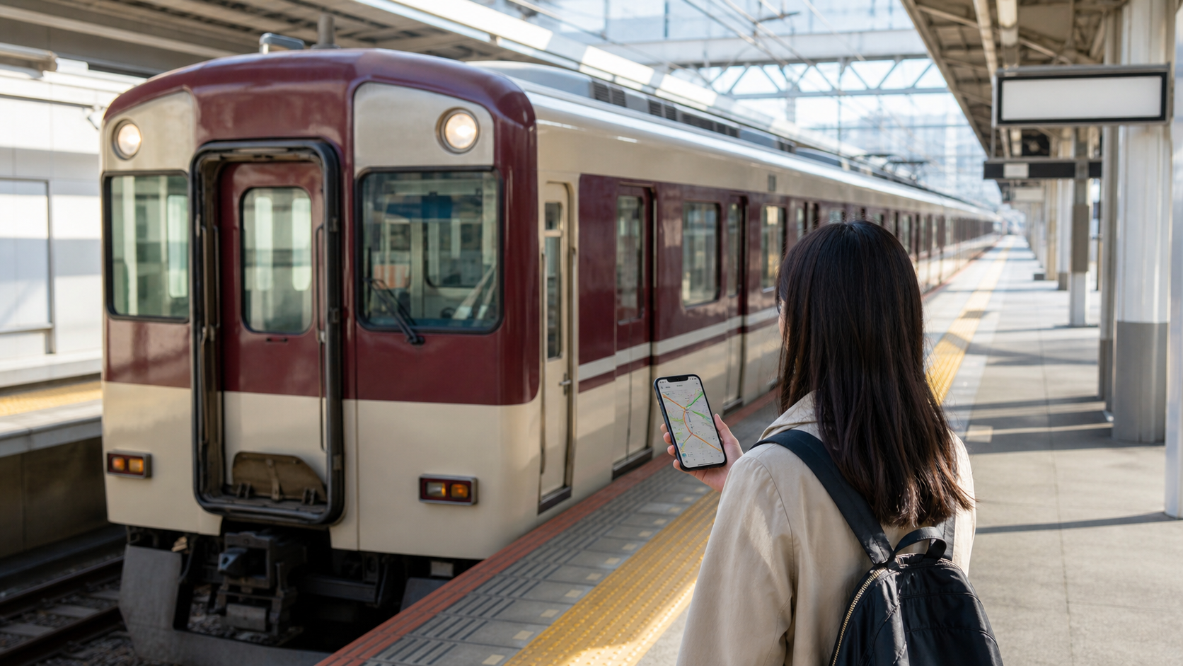 近鉄 東武 ラッピングの運行区間をスマホで確認する様子