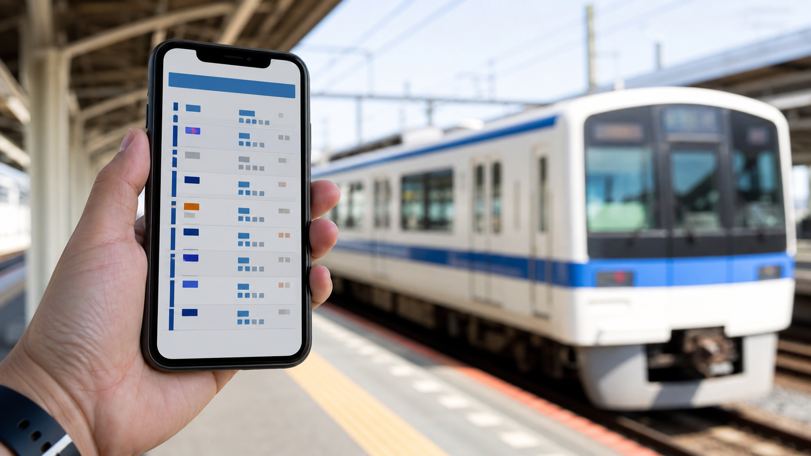 近鉄 東武 ラッピングの運用情報をスマホで確認する様子