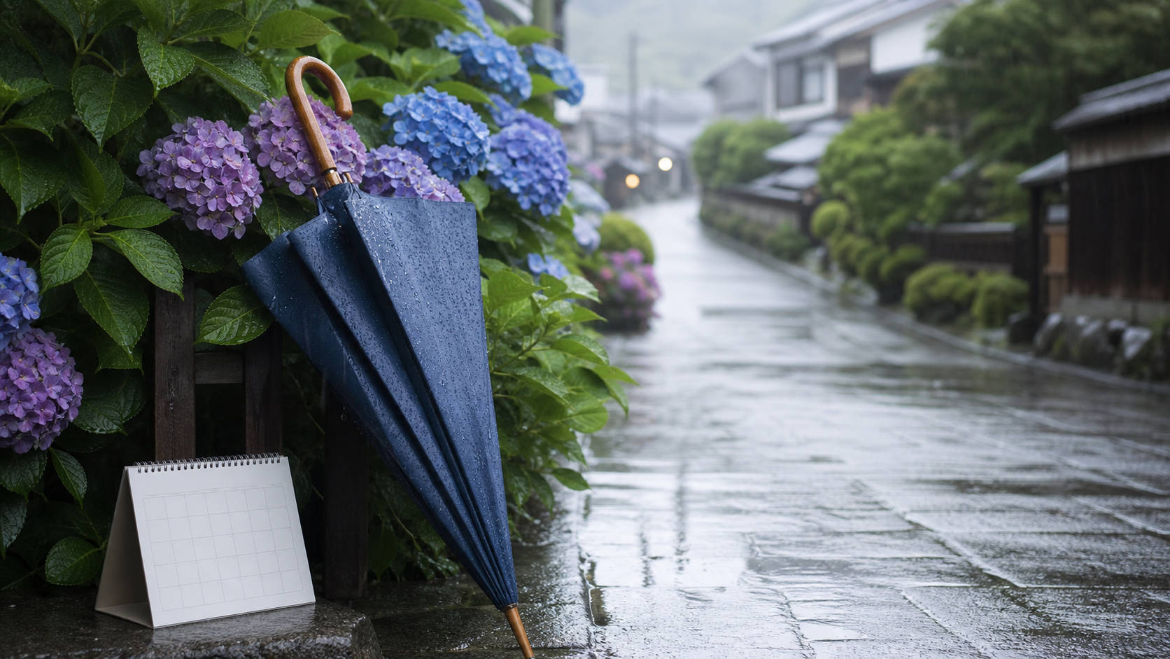 傘の日の由来と入梅をイメージした紫陽花と傘
