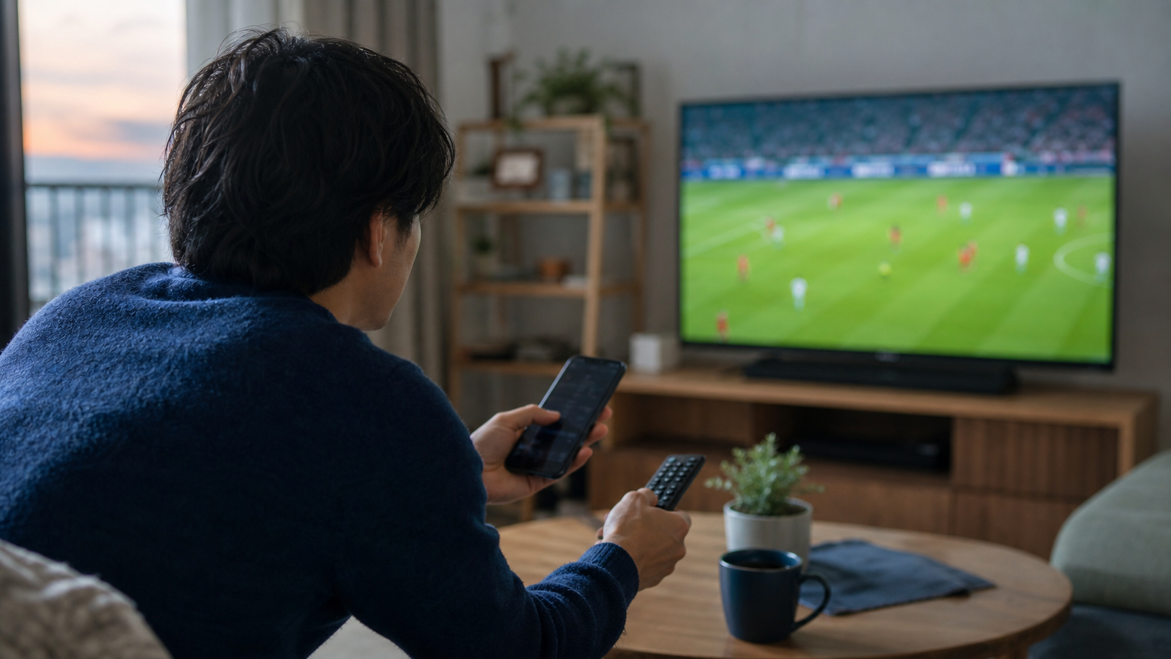 試合終盤のアディショナルタイムを確認する視聴者