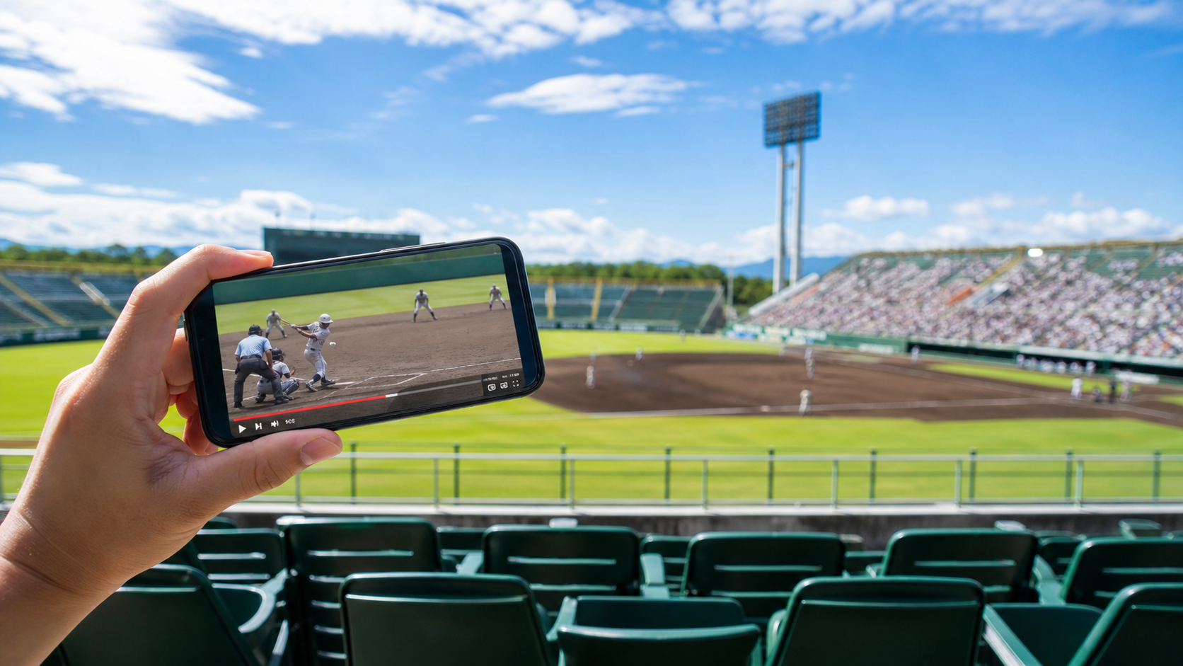 球場でスマホからバーチャル高校野球を見るイメージ