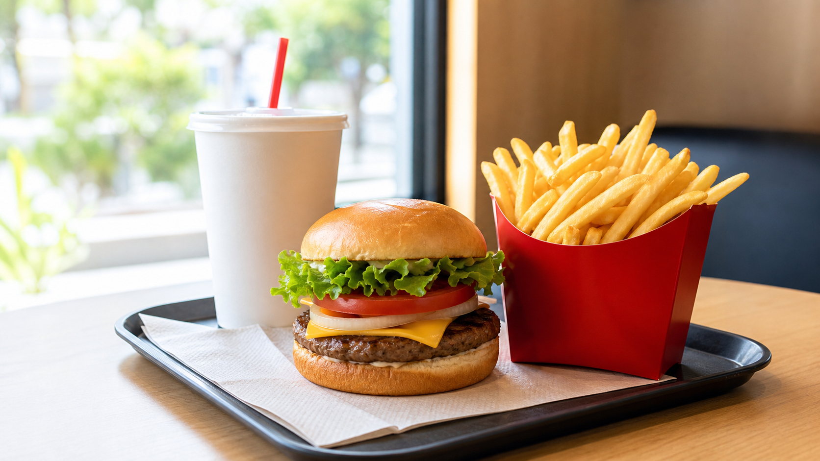 マックのLサイズアップ無料をイメージしたハンバーガーとポテトとドリンク