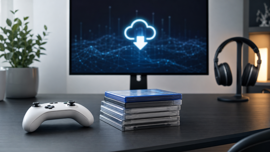 PS5のディスク版はいつまで買えるかをイメージしたゲームディスクとダウンロード画面