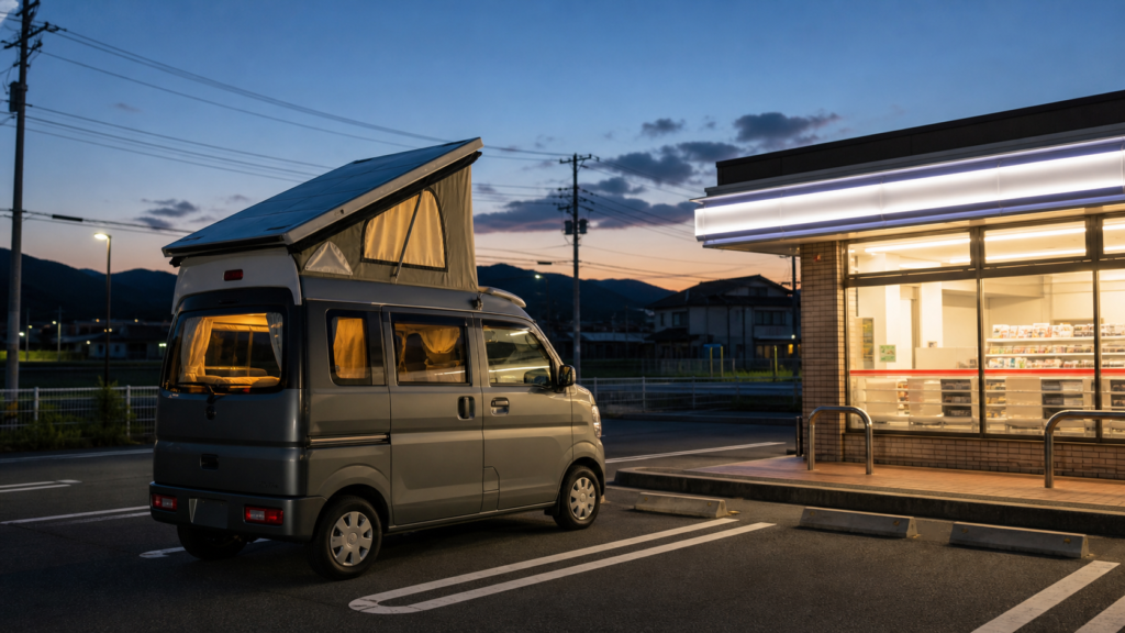 ローソン車中泊の店舗と予約方法をイメージした夜の駐車場