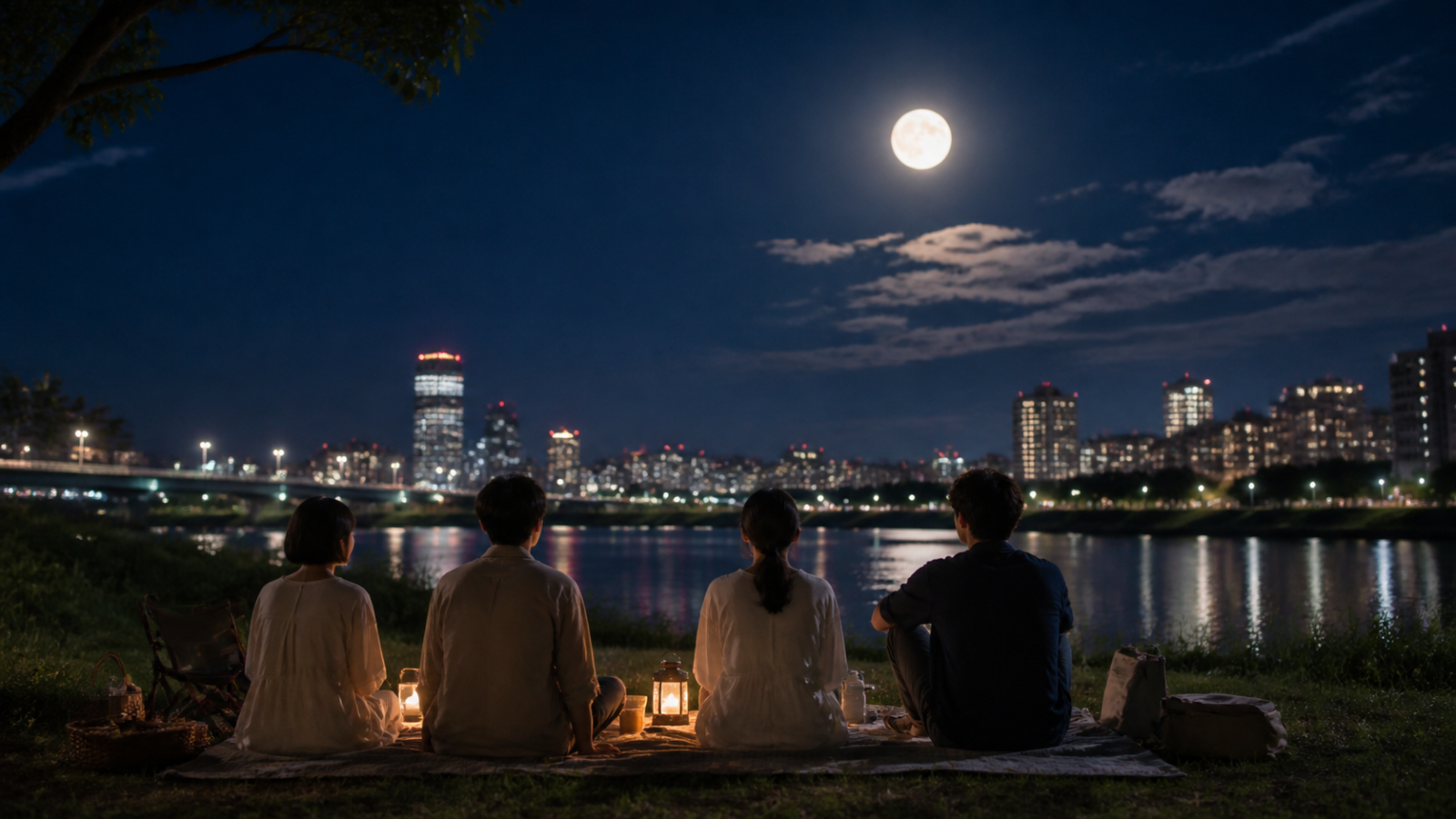 夏の夜に7月の満月を眺める人たち