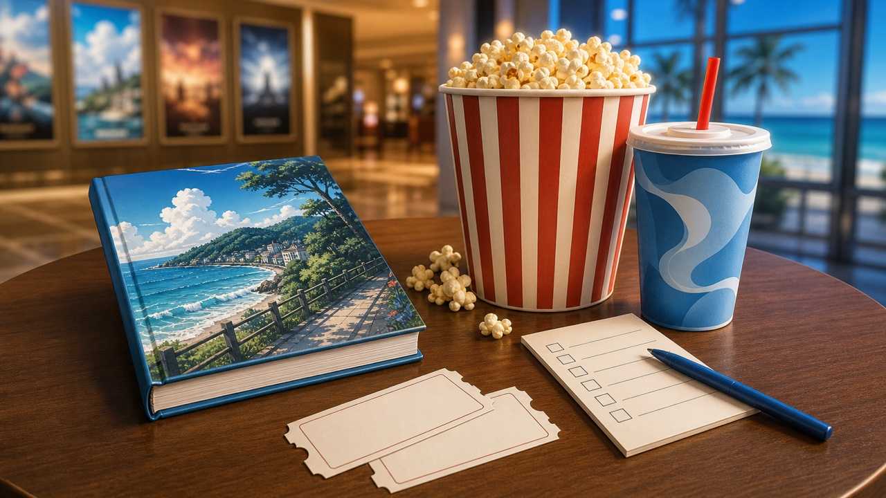 映画を見る前に原作を読むか考える映画館と本のイメージ