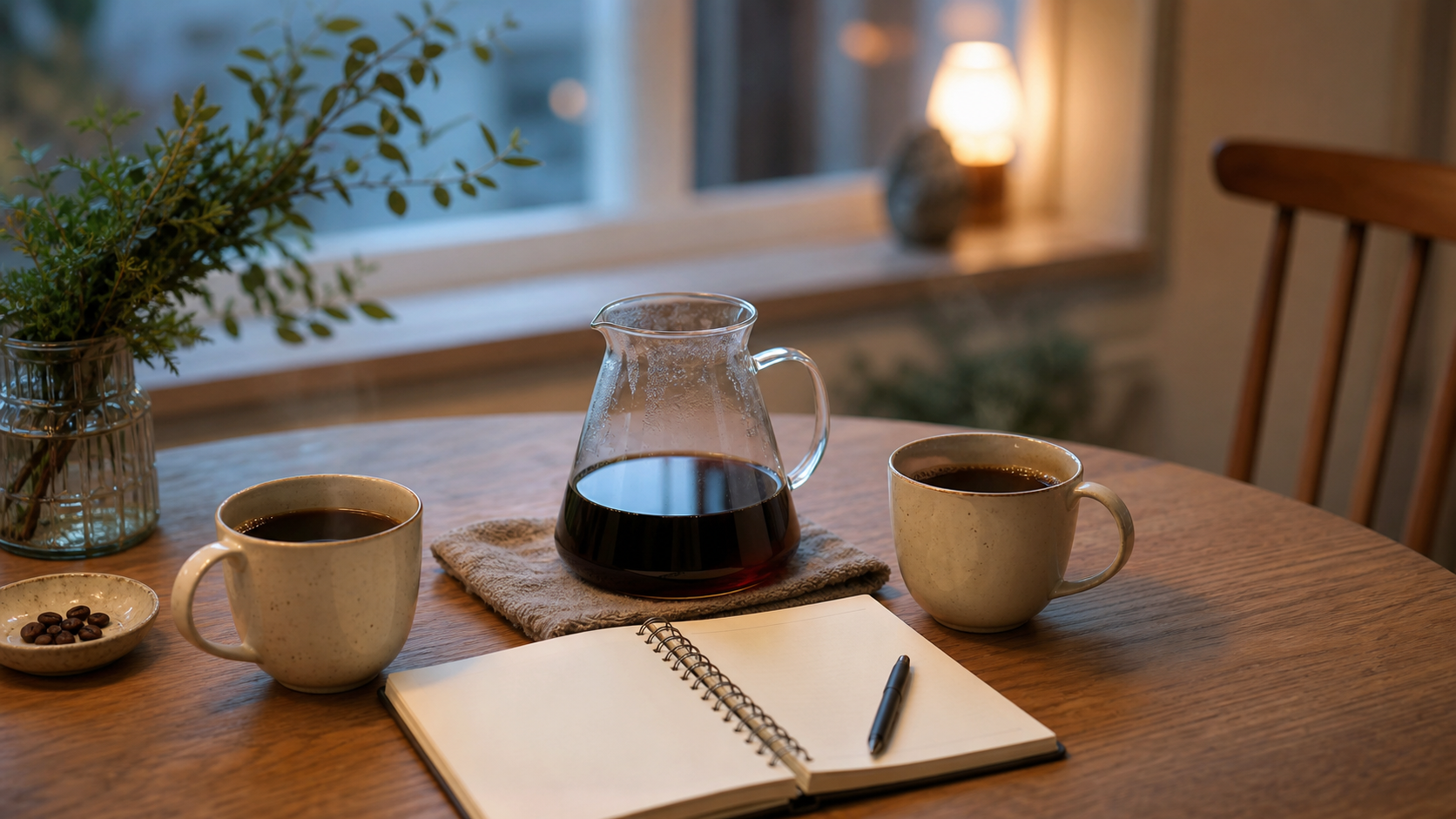 淹れたコーヒーを味わうテーブル